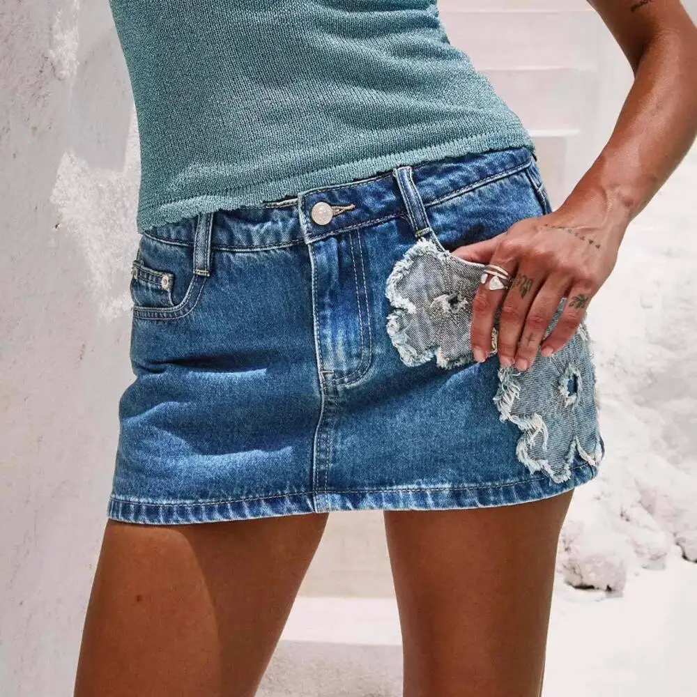 

New Floral Patch Denim Skirt For Women, Summer Slim-fit Loose-fitting Hip-hugging Short Skirt For Petite Women