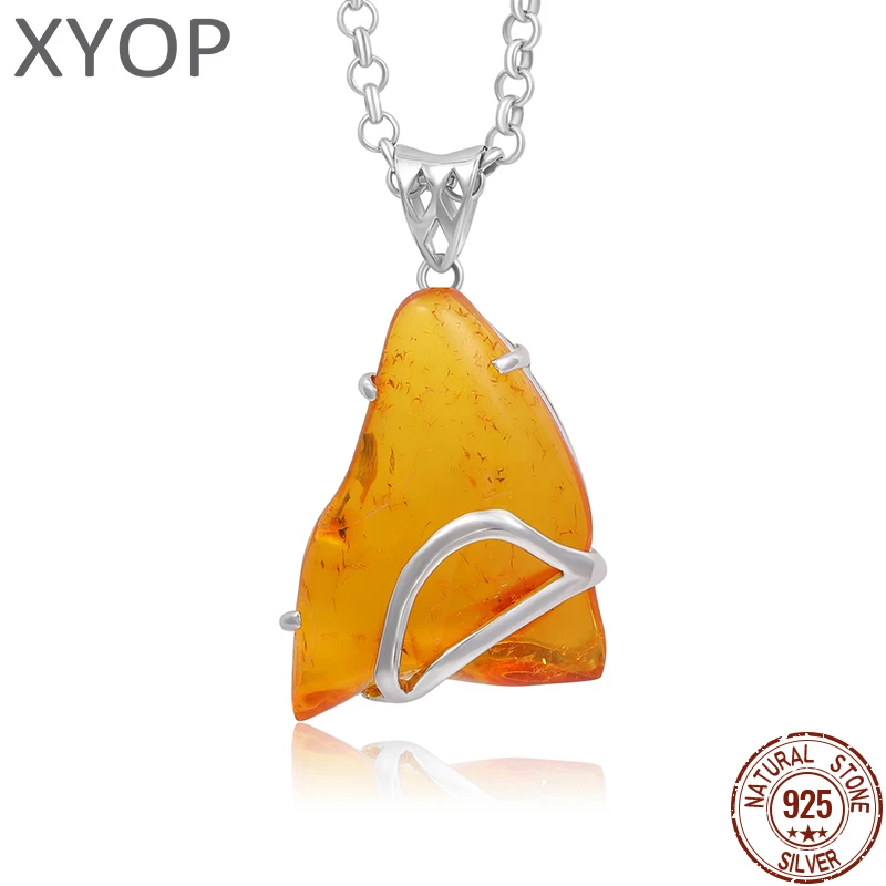 XYOP Natural Insect Amber 925 Sterling Silver Pendant lrregular Shape Ambers Pendant Original stone charms Necklace Lucky Gifts