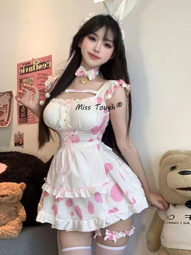 Japanese Cute Sexy Lolita Dress Women Sleeveless Fairy Bow Strap Kawaii Dress Summer Sweet Chic Print Mini Short Y2k Dress 2024