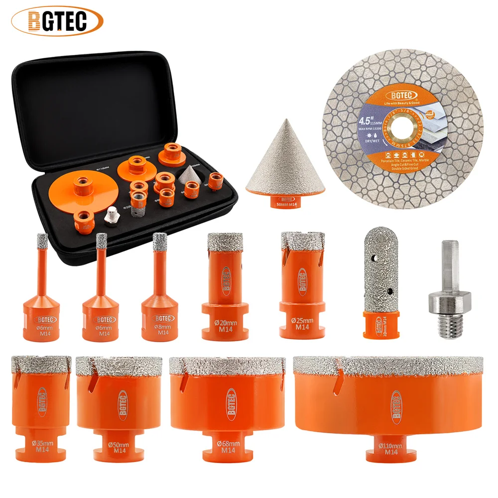 

BGTEC 13pcs Diamond Core Drilling Bits Set with Lightning Teeth M14 Thread Ceramic Porcelain Tile Marble Granite Hole Saw