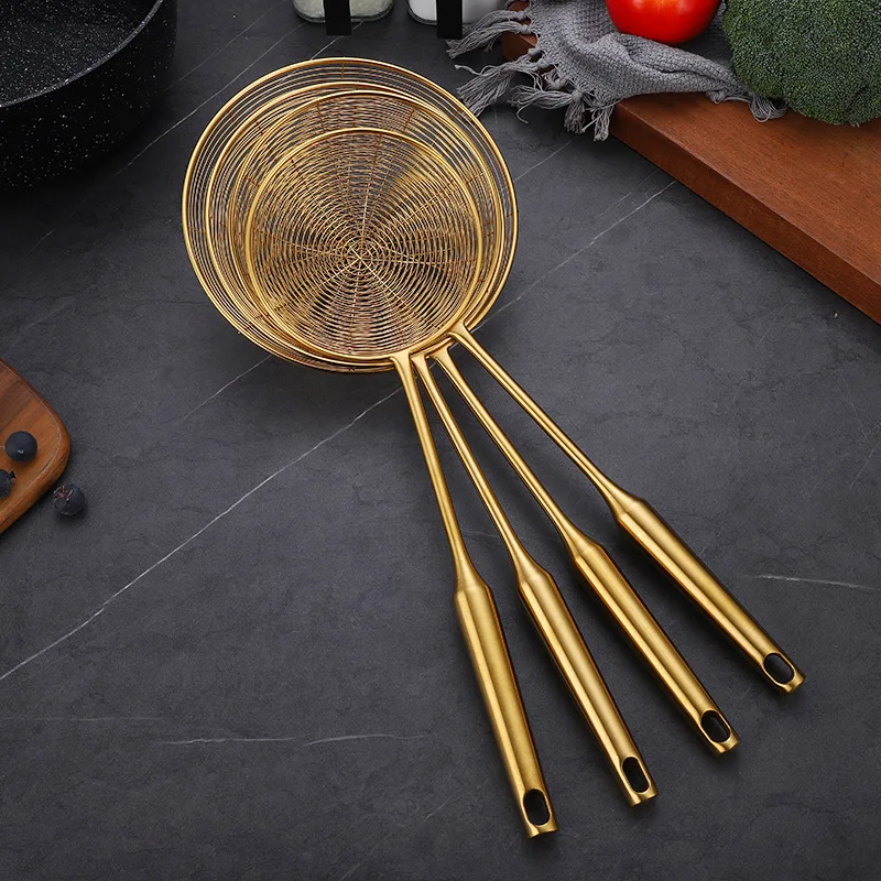 

304 Stainless Steel Colander Golden Strainer Long Handle Skimmer Oil Filter Pasta Dumpling Sieves Kitchen Tools