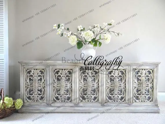 

American country retro solid wood carving flower TV cabinet French antique dining side cabinet