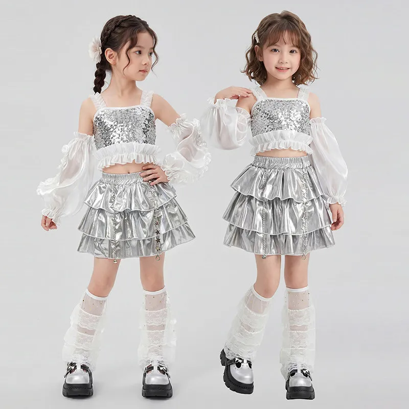 Jazz Dance Clothes Silver Performance Stage Outfit Sequin Tank Top Cake Skirt Model Runways Show Fashion Suit