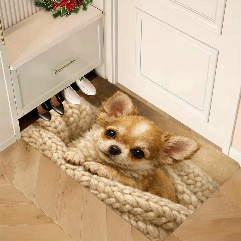 1pc 2D Flat Printed Cute Chihuahua Welcome Area Rug, Colorful Non‑Slip Machine‑Washable Polyester Mat for Entryway, Bedroom