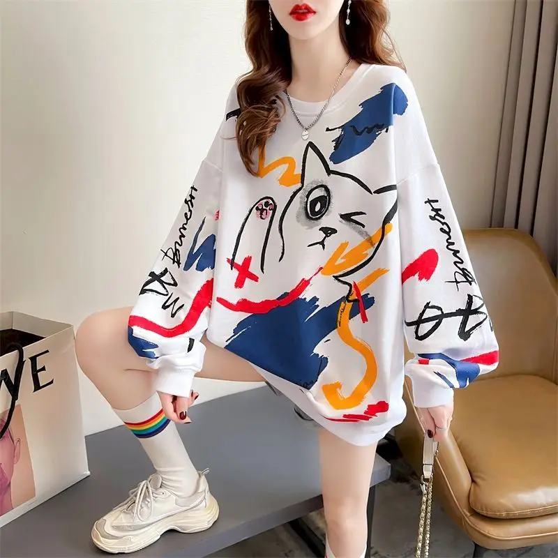 Oversized Pullovers Women Spring Autumn Trend Thin Sweatshirts Korean Style Fashion Cute Cartoon Print Pullover Loose Design Top