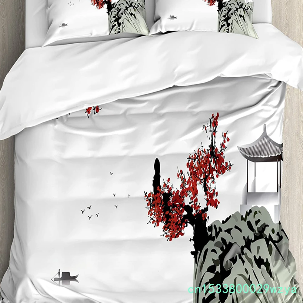 Flower Bedding Set For Bedroom Bed Home Oriental Backdrop Sakura Blossom Japanese Cherry Duvet Cover Quilt Cover And Pillowcase