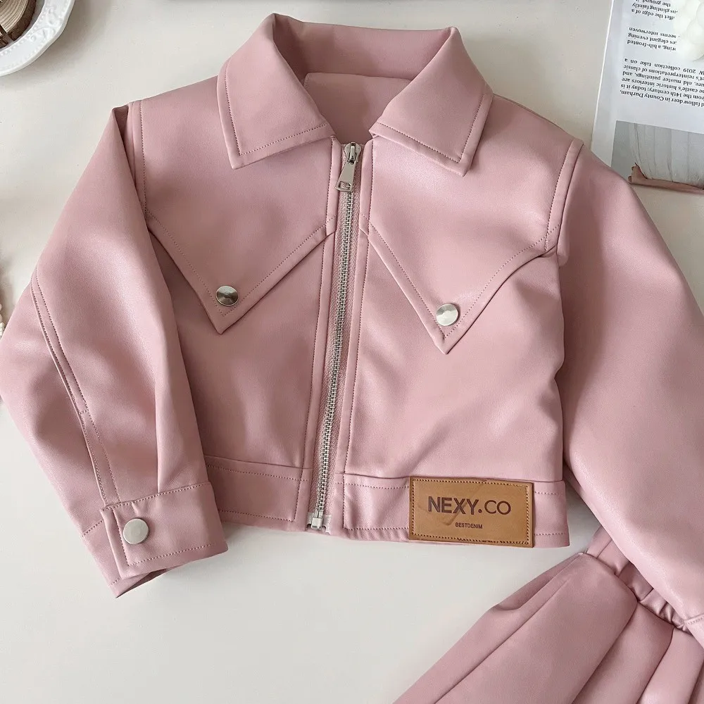 Herbst Neue Einfarbig Mädchen Mode Anzug Kragen Leder Jacke Zipper Mantel + falten Rock Zwei Stück Set Koreanische version – Detail 8