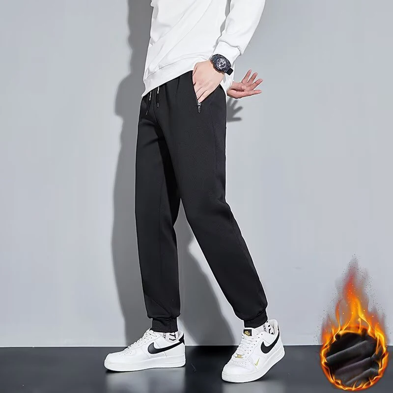 

Мужские осенне-зимние утепленные костюмные брюки на флисовой подкладке, мужские свободные прямые повседневные пиджаки, брюки до щиколотки, укороченные черные брюки