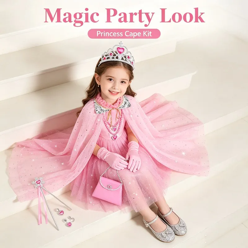 Pink Cloak Cape Set 11Pcs Princess Cloak Crown Heart Necklace Ring Jewelry Kit Elegant Tulle Dress Up Performance Accessory Gift