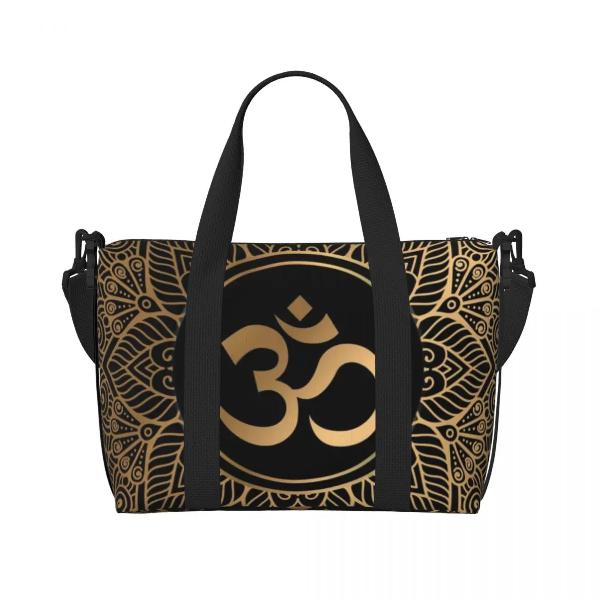 Custom Golden Om Mandala Beach Tote Bag Women Extra Large Gym Carry On Henna Aum Travel Shopping Bags