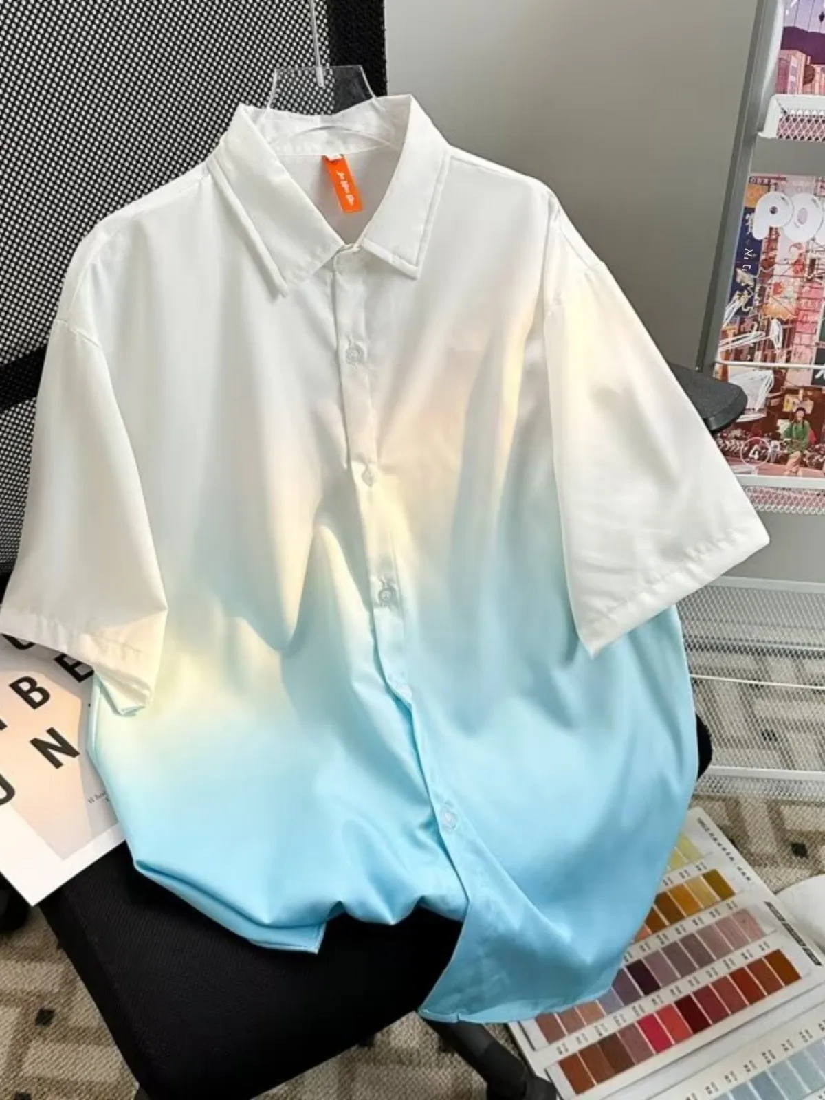Graduated Ice Silk Short Sleeve Shirt Men's Loose Summer Thin Trendy American Casual Top Youth Popular Daily Wear No Ironing ...