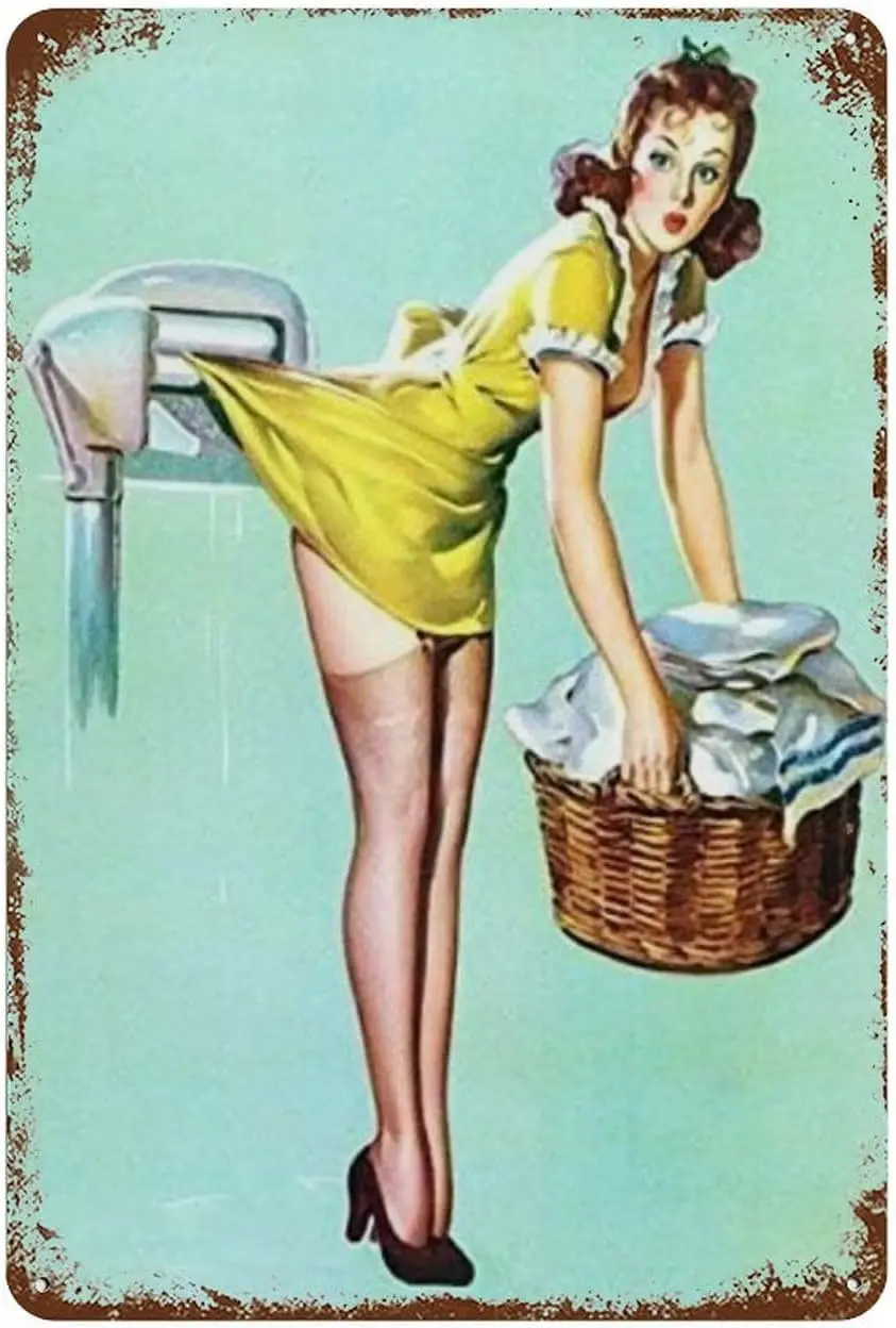 Metal Sign Pin Up Girl Laundry Room Metal Tin Sign Aluminum Sign For Home Coffee Wall Decor 8X12 Inch