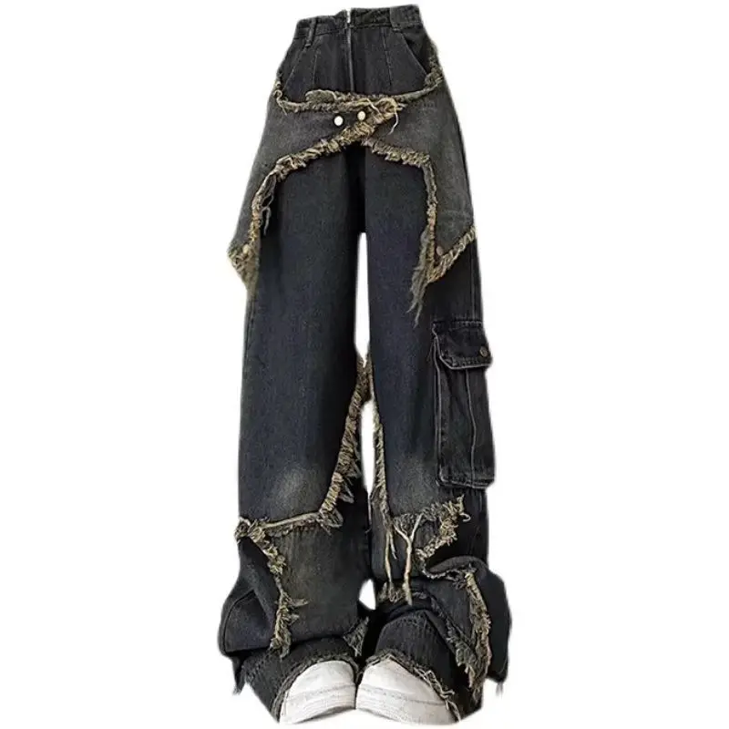 2025 Chic Gothic Pockets Zipper Casual Pants American Retro Wash Grunge Wide Leg Jeans Street Style Button Fashion Denim Pants
