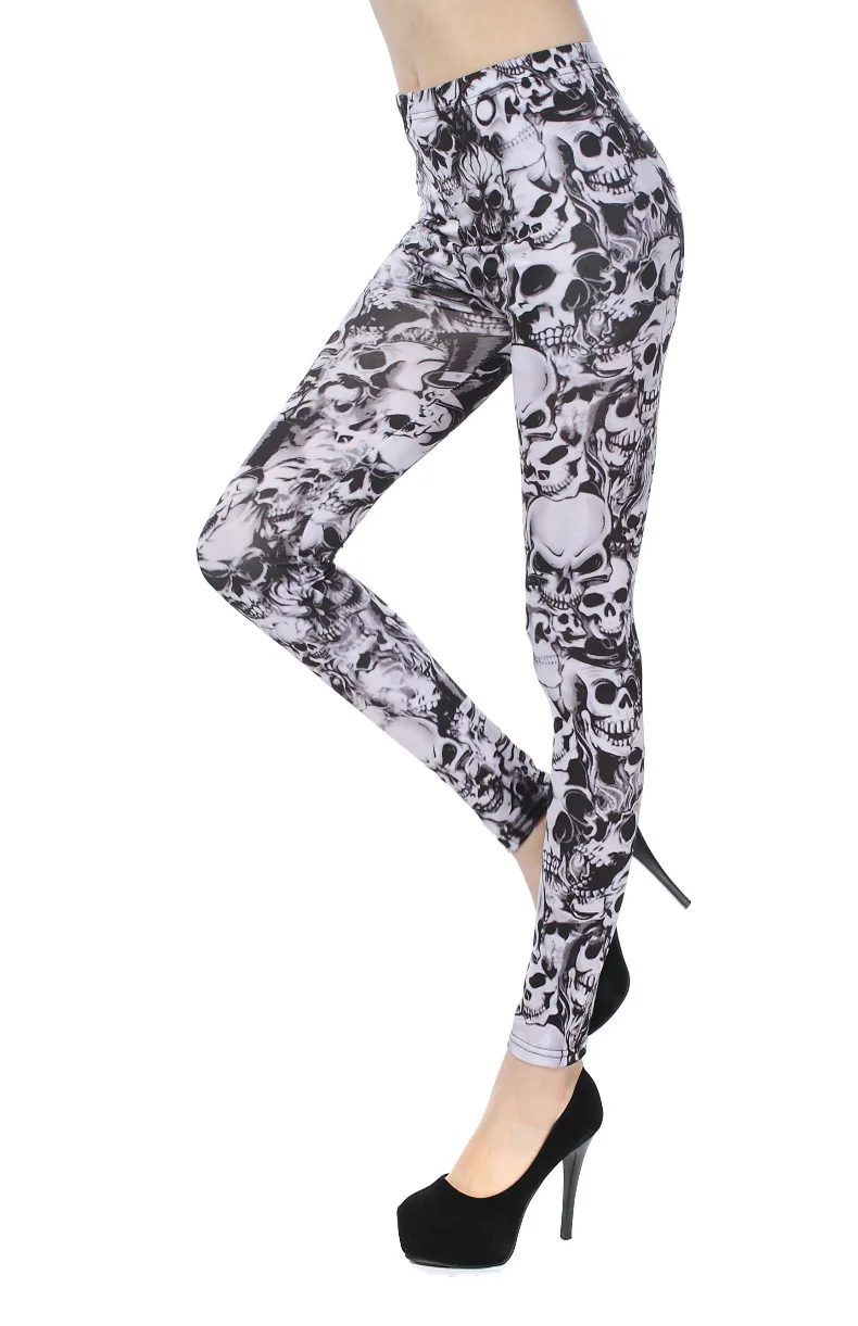 Moda feminina preto e branco sexy crânio leggings leite seda impressa calças de nove pontos tatuagem leggings