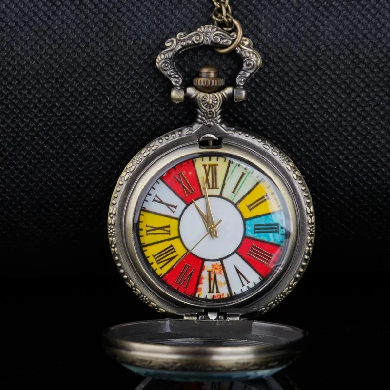 ブロンズゴージャスなカラーブロックローマンデジタルダイヤルクォーツスチームパンク懐中時計男性と女性のネックレスペンダントチェーンギフト付き