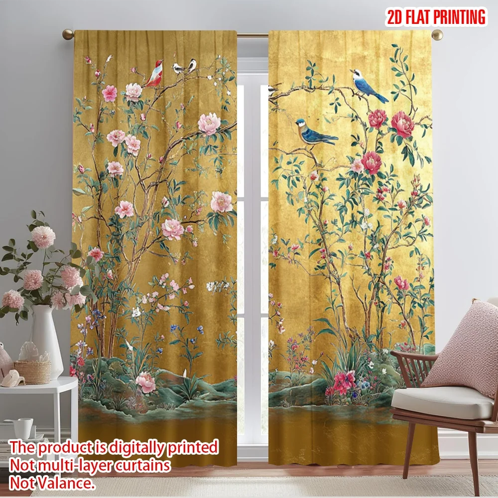 2 Stück 2D-Flachdruck-Vorhänge, Blumen und Pflanzen, 100 % Polyesterstoff ohne Strom, festliche Vorhänge für alle Gelegenheiten