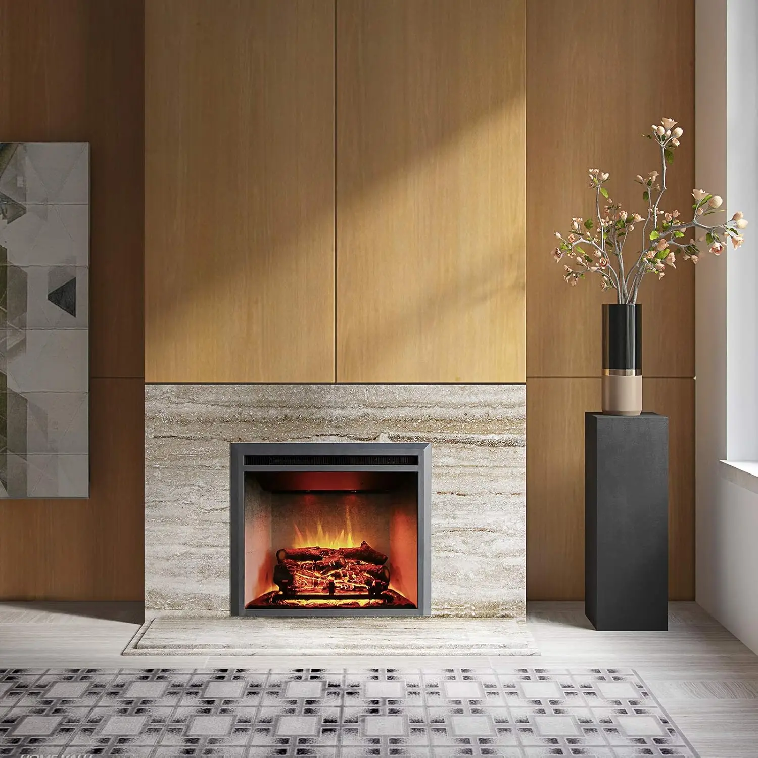 Edward Electric Fireplace Insert with Weathered Concrete Interior, Fire Crackling Sound, Remote Contr