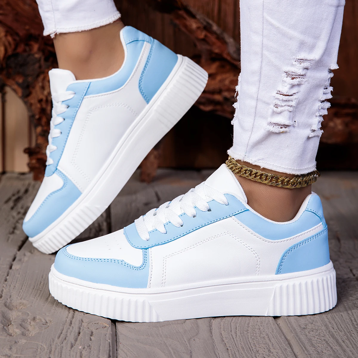 ZERJER Unisex Sneakers, New Arrival Large Size Classic Retro Men's Sports Skate Shoes, White Thick-Soled Tennis Shoes, Solid Col image 4