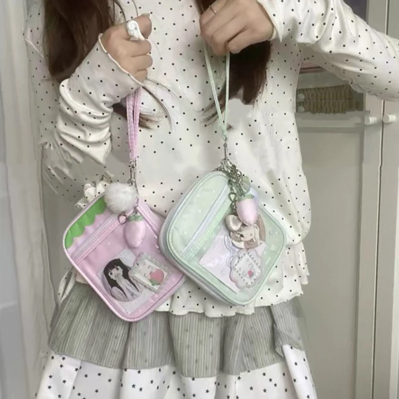 Sweet Polka Dot Coin Purse Multi‑card Slots  Clear Photo Window Zip Wallet Cute Wristlet Card Case Portable Earphone Storage Bag