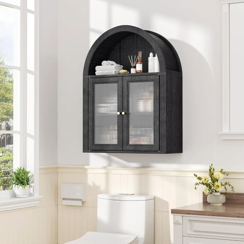 خزانة طبية مقوسة للحمام، وحدة تخزين فوق المرحاض مع أبواب أكريليك بتصميم مموج ورف قابل للتعديل، Roman Sty