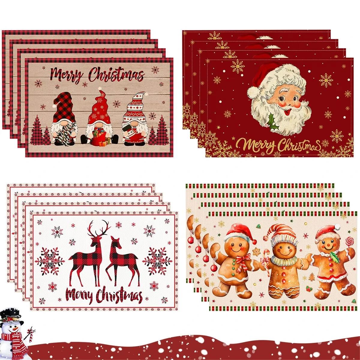 VIKAMA 4/6PCS Christmas Placemats Gnome Santa Gingerbread Man Buffalo Plaid Print Mats Xmas Dining Table Party Decor