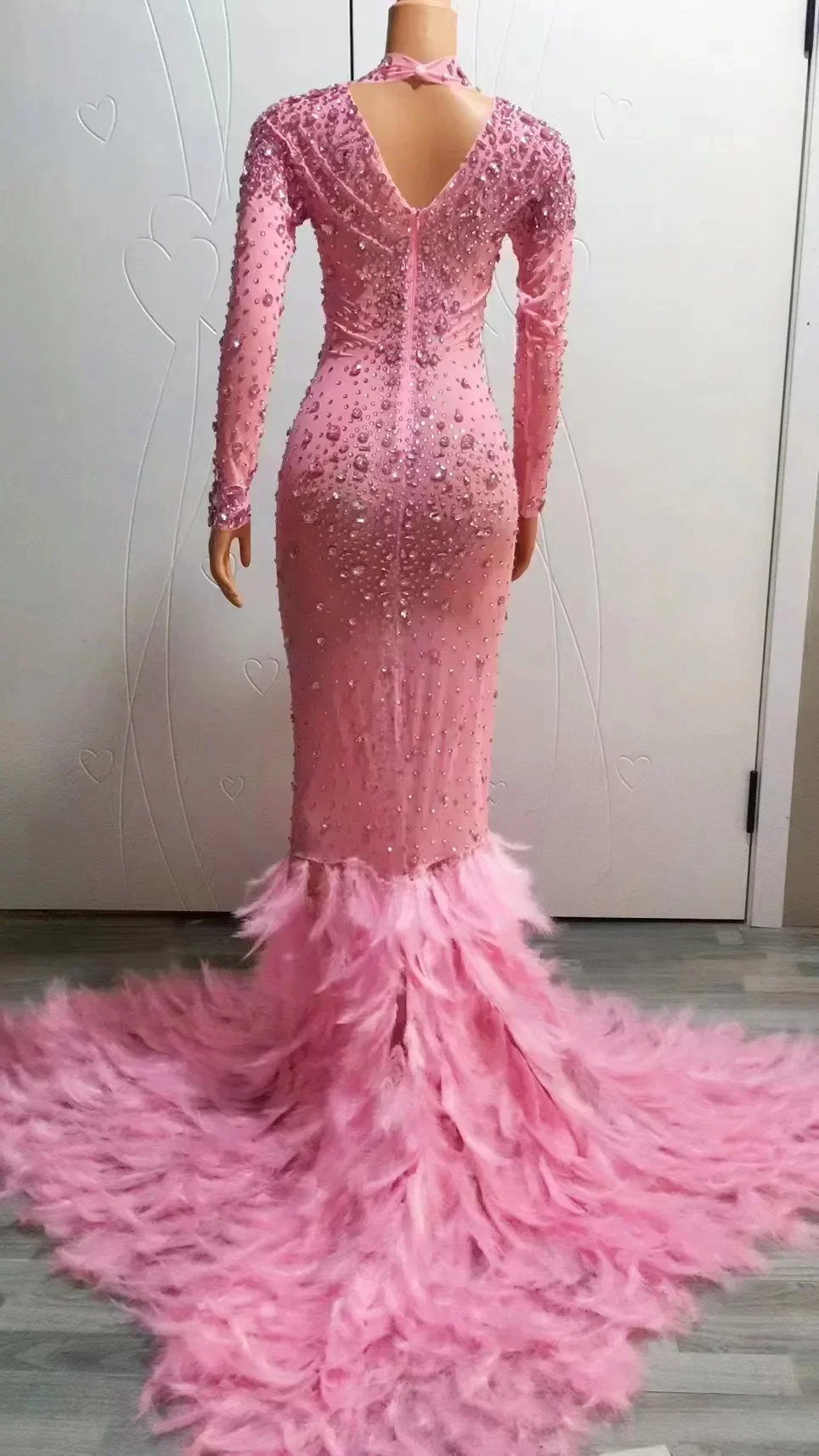 Sexy Sparkly Full Rhinestones Pink Feather Long Train Dress Wedding Birthday Transparent Mesh Costume Evening Club Dance Dress