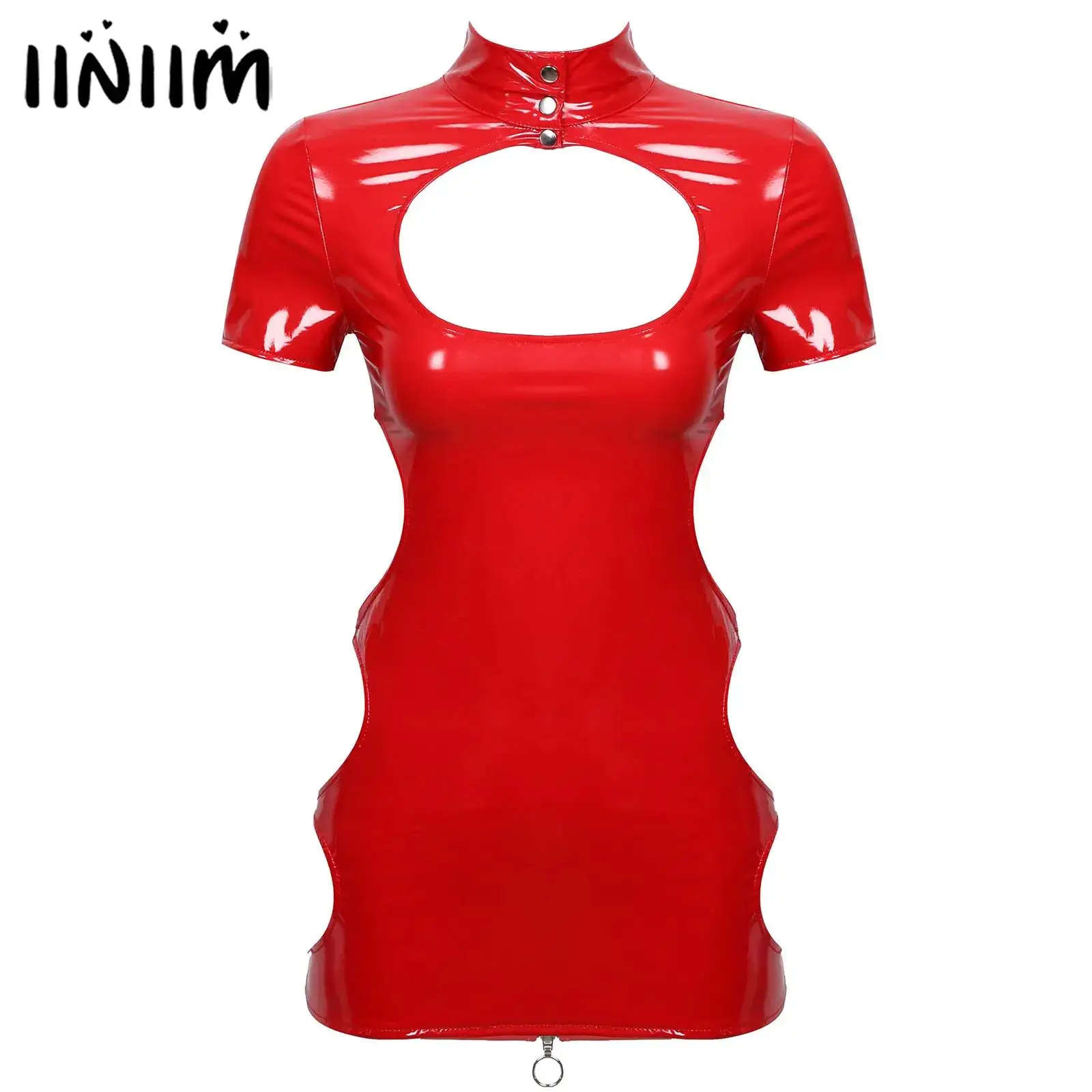 فستان نسائي قصير ذو مظهر رطب من الجلد اللامع من اللاتكس، صدر عاري، ياقة واقفة، سحاب خلفي، فستان ضيق للرقص، ملابس نادي الهذيان