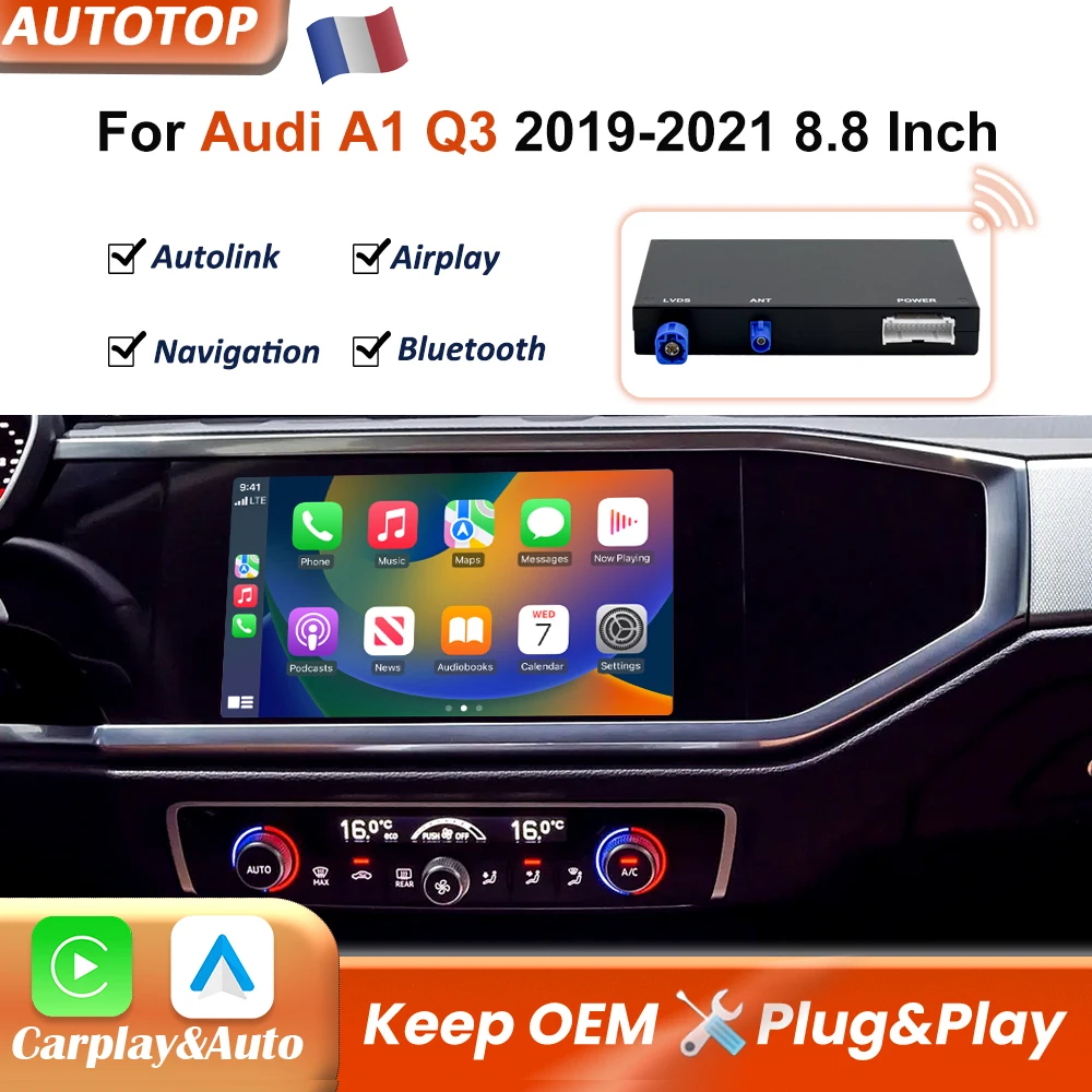 Boîtier de décodage sans fil AUTOTOP CarPlay Android Auto pour Audi A1 Q3 2019 2020 2021 avec écran 8,8 pouces, liaison miroir multimédia, AirPlay, navigation GPS