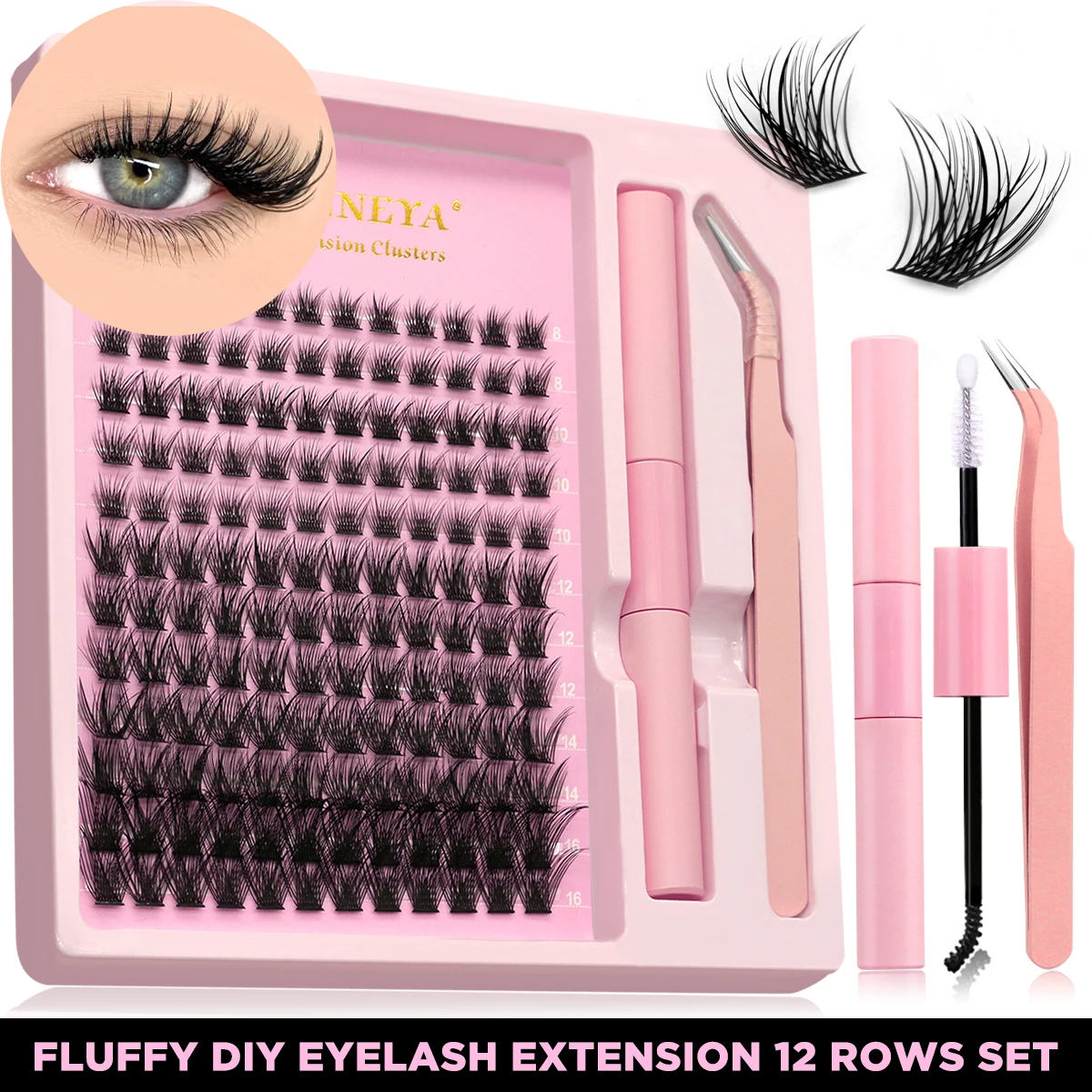 GROINNEYA Lash Clusters Kit With Waterproof Strong Hold DIY Lash Extension Kit Lash Bond And Seal And Eyelash Tweezers Makeup