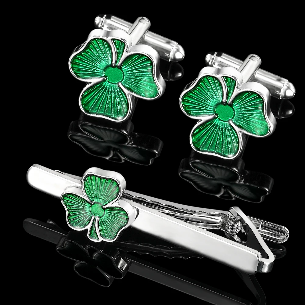 Mens Green Shamrock Cufflinks&Tie Clip Lucky Jewelry Gift For Boys