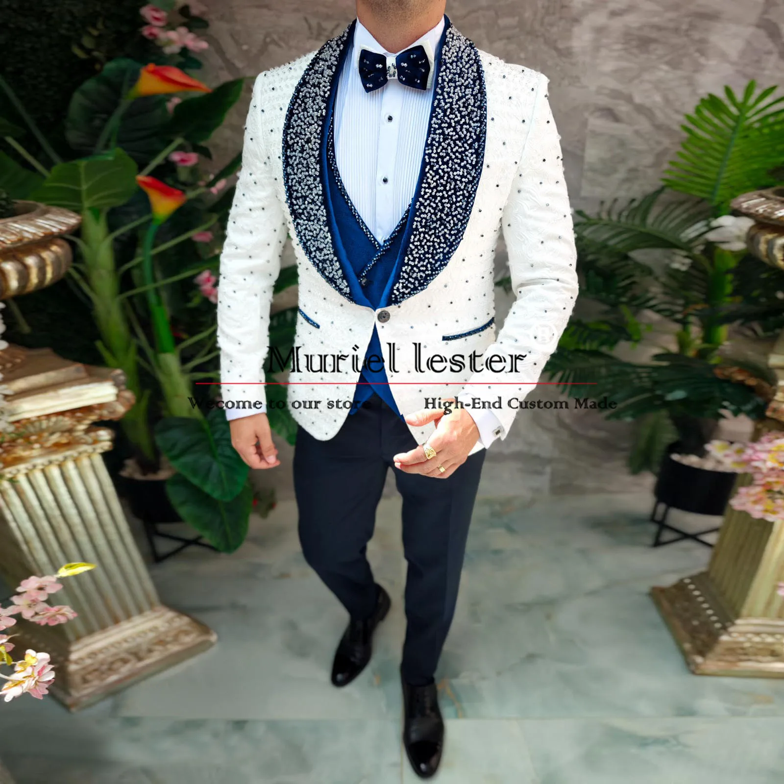 Trajes de boda elegantes para novio, chaqueta Floral con cuentas de cristales, chaleco, pantalones, esmoquin Formal para hombre, ropa de novio a medida, 3 piezas