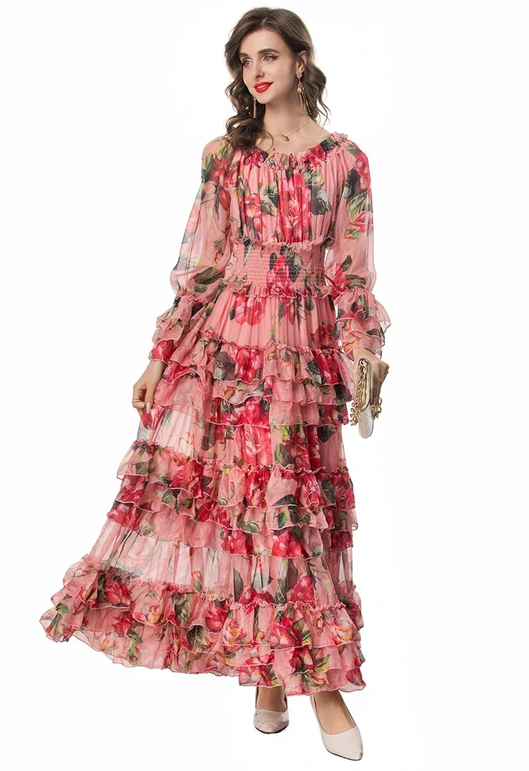 

2024 Summer High Quality Women Dress Bohemian Floral Print Chiffon Elastic Waist Cascading Ruffle Flare Sleeve Elegant Dresses