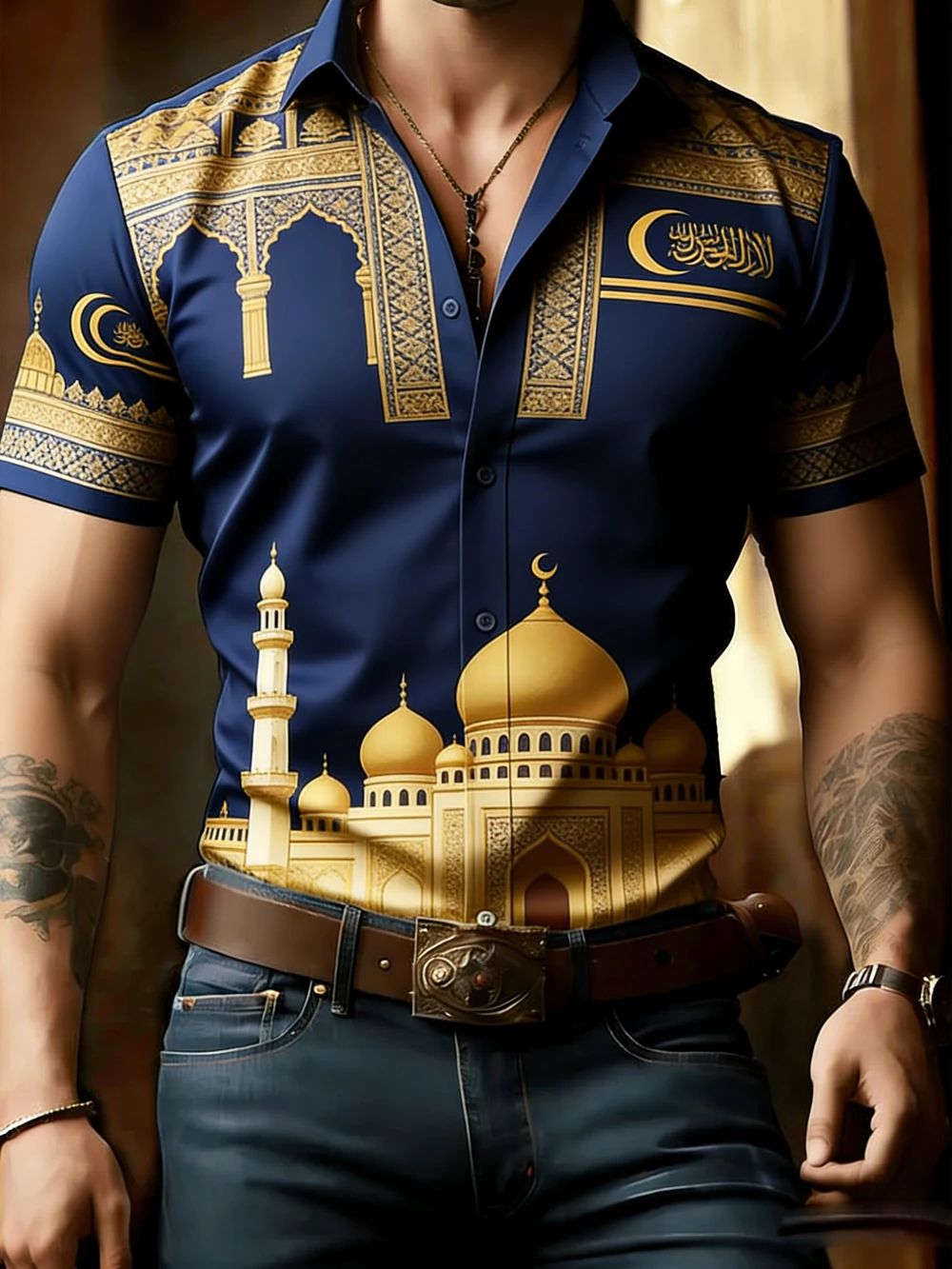 

Men's New Muslim Fashion Pattern 3D Printed Multi-color Shirt Hawaiian Casual Outdoor Shirt for Men Simple Business Clothes Men