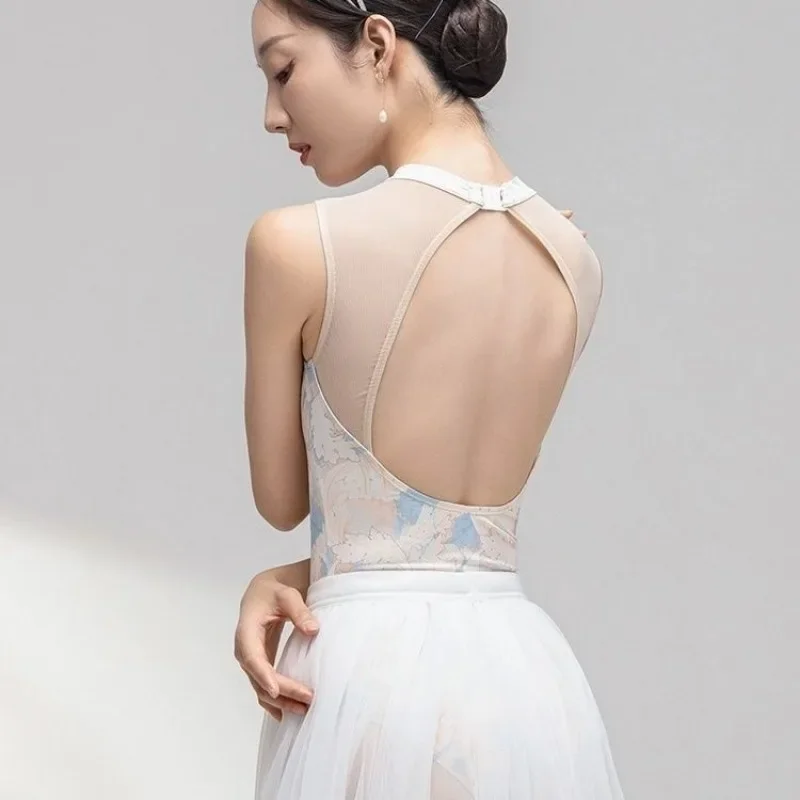 Body da balletto da donna Per adulti senza maniche stampato Ginnastica Abiti da allenamento Body Abbigliamento da ballo Abiti da palcoscenico senza schienale femminili