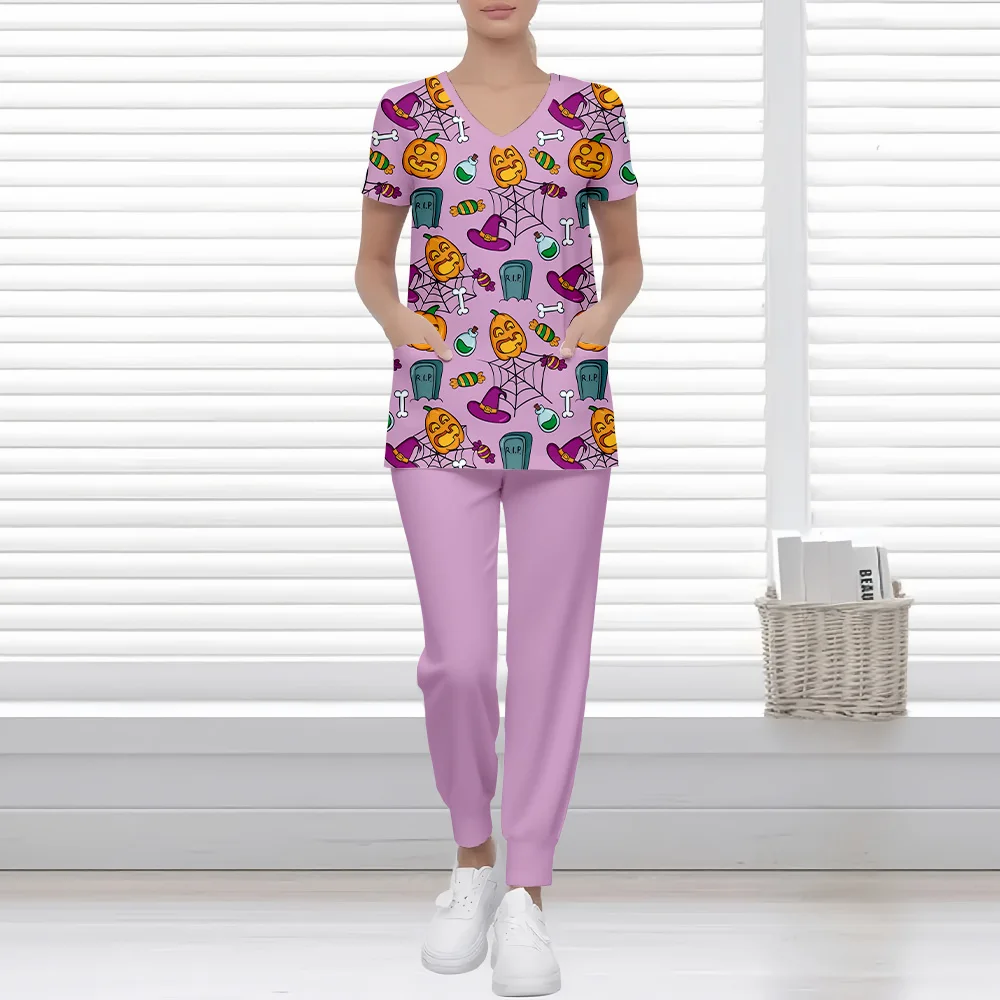 

Halloween Cartoon Print Women's Surgical Scrubs Short Sleeve Uniform Casual V-Neck with Pockets Dentist Surgical Uniforms Woman
