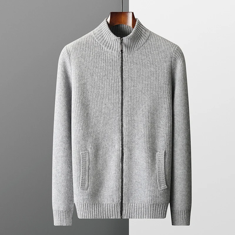 Autumn and winter new 100% merino wool men's cardigan semi-high collar zipper sweater coat business casual knit top