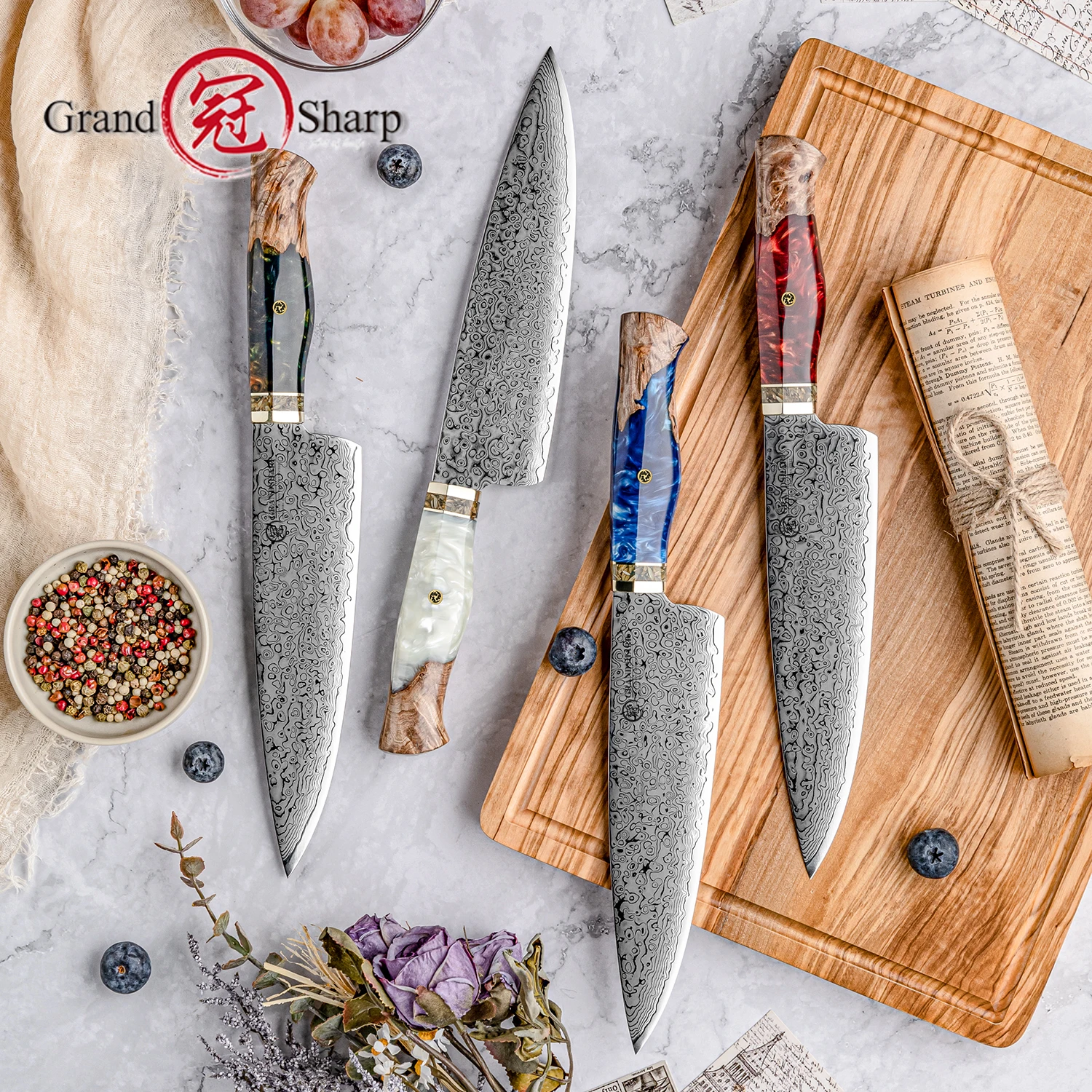 Japanese Chef Knife Premium Kitchen Cooking Tools 67 Layers Damascus Stainless Steel Blue Red White Wooden Handle Cookware