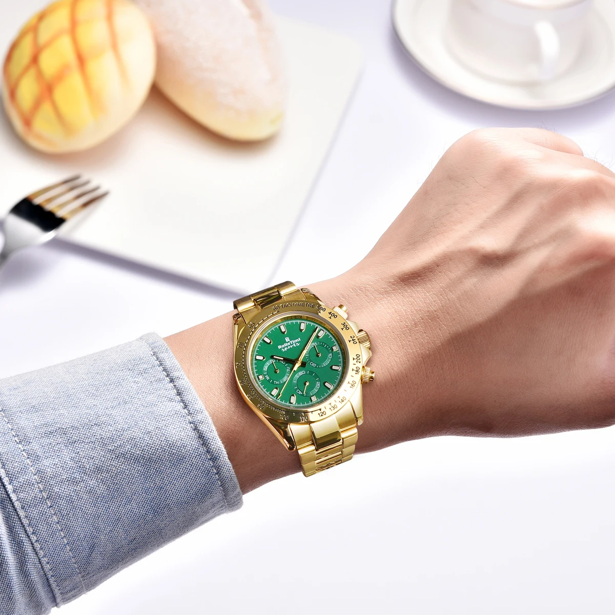 RollsTimi Men's Luxury Automatic Mechanical Watches Gold Green Wristwatch Stainless steel Sapphire glass Waterproof Chronograph