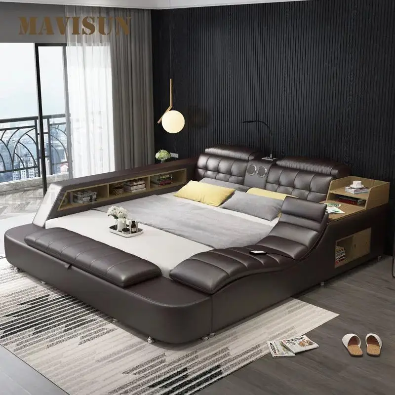 Multifunctional Genuine Leather Bed Frame Massager Storage Soft Beds Safe Speaker Bedroom Furniture With Bluetooth Double Bed