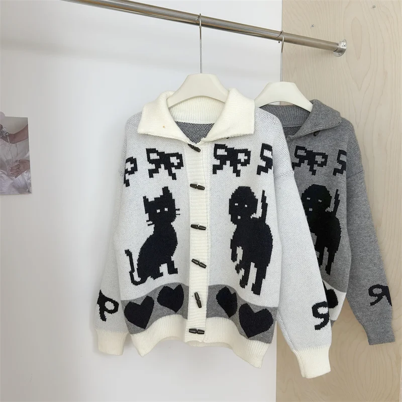 Women's Cat Print Long Sleeve Turn Down Collar Loose Cardigan Lady Autumn Winter Single Breasted Cardigan Outwear