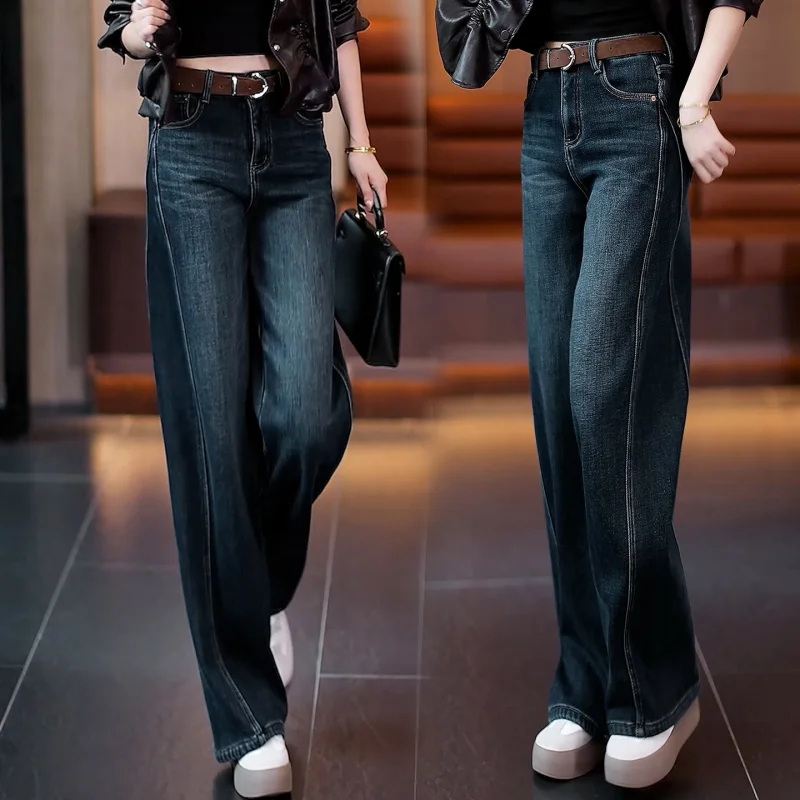 بنطال جينز ضيق مبطن بالصوف للنساء للتخسيس بنطال سميك عتيق مستقيم الساق