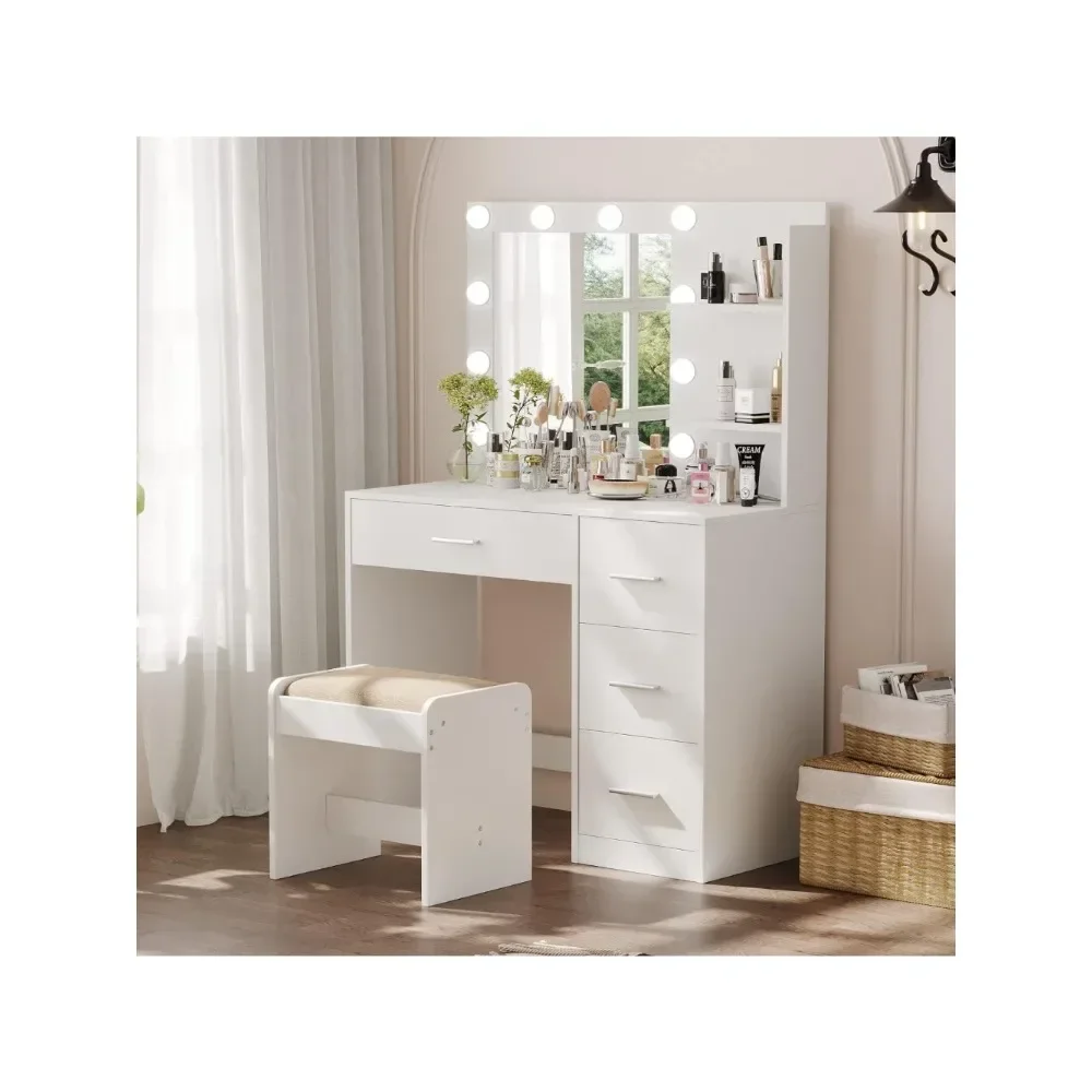 

Dressing Table with Illuminated Mirror, Dressing Table with Storage Shelves and 4 Drawers, 10 LED Lights, White, Bedroom Dresser