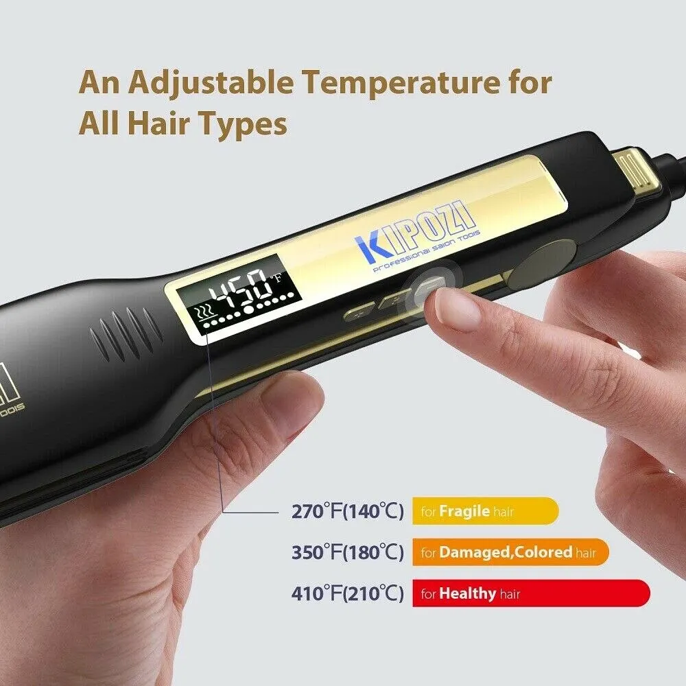 KIPOZI pelurus rambut profesional, alat pengeriting pemanas instan tegangan ganda, layar LCD Digital datar Titanium