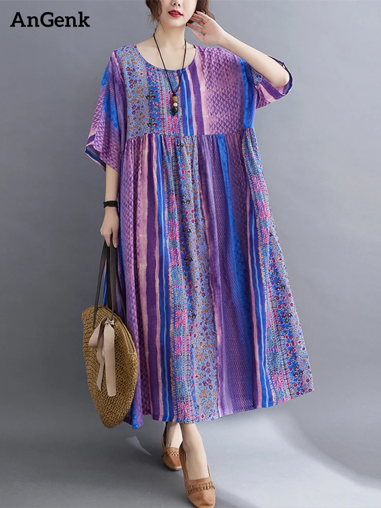 Short Sleeve Cotton Linen Vintage Purple Floral Dresses For Women Casual Loose Long Summer Dress Elegant Fashion Clothing 2024