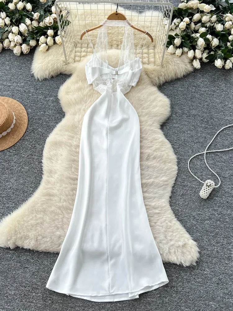 여름 여성 레이스 스플라이스 홀터넥 슬림핏 가운 새틴 원단 하이웨이스트 A라인 반팔 출근룩 한국 스타일