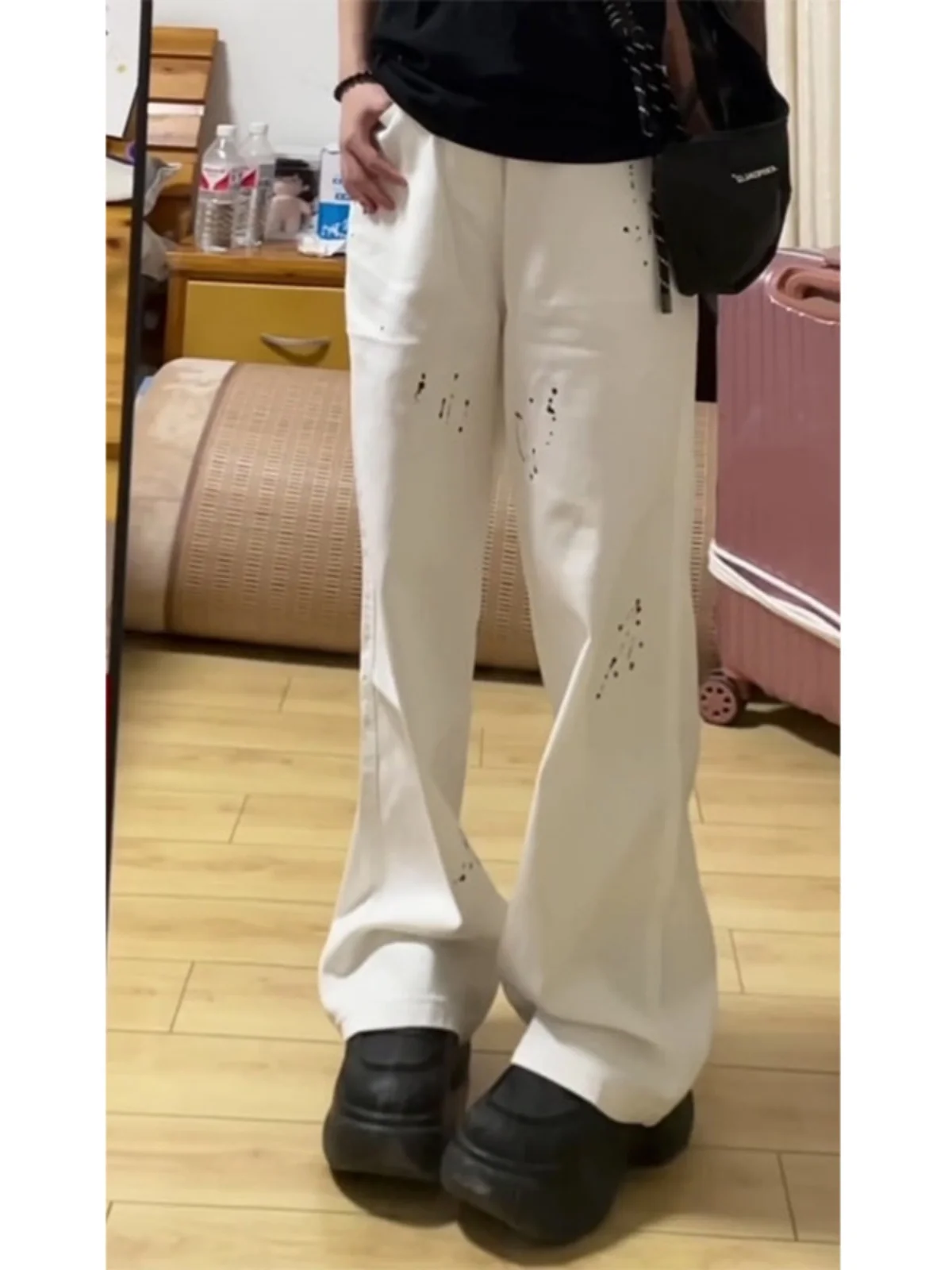 

Cleanfit Men's White Splatter Denim Jeans High Street Vibe Straight Leg Pants Trendy Brand Casual Wear Autumn Season