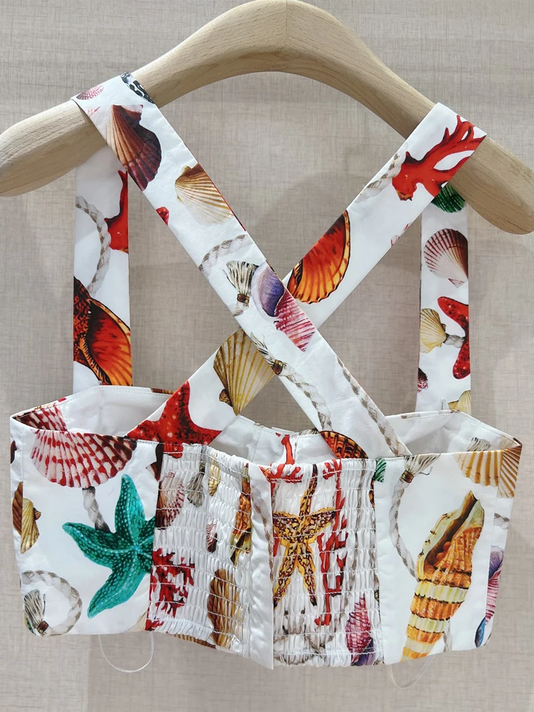 AELESEEN 100% Cotton Women Summer Sexy Camis Corset Designer Fashion Starfish Shells Printed Short Poplin Bustier Crop Top