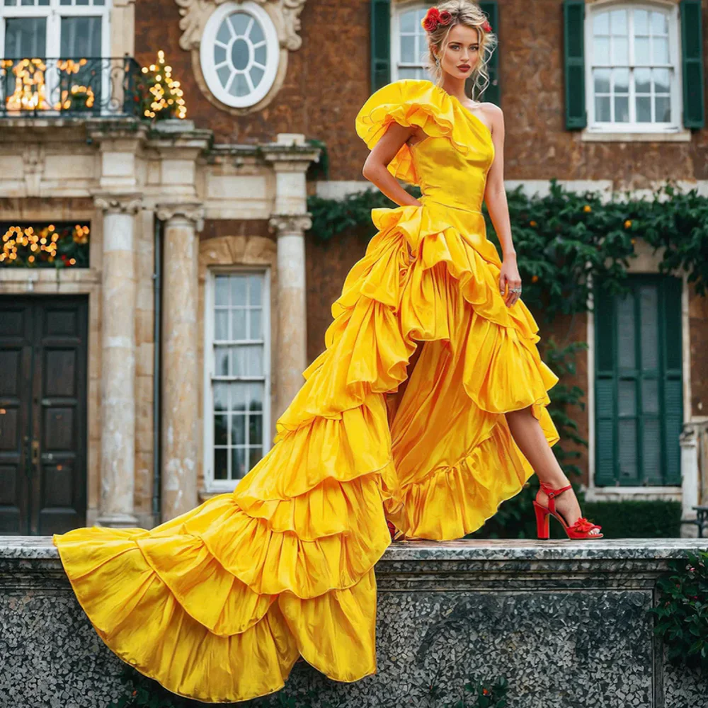 Bright Yellow One Shoulder Layered Asymmetrictal Formal Dresses With Train Elegant Hi Lo Prom Gowns Bridal Dress