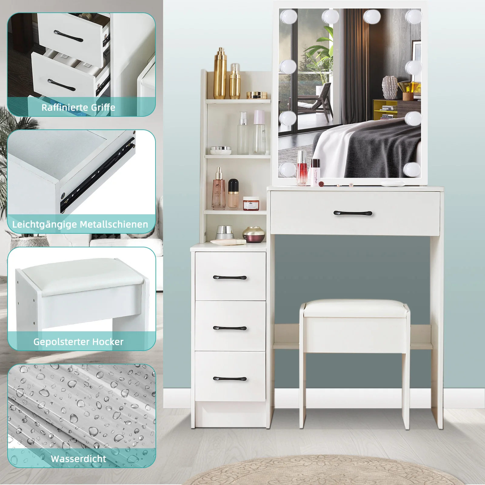 Modern LED Sliding Mirror Dressing Table Stool Set with Makeup Vanity Desk And Shelf - Sliding Mirror for Extra Convenience