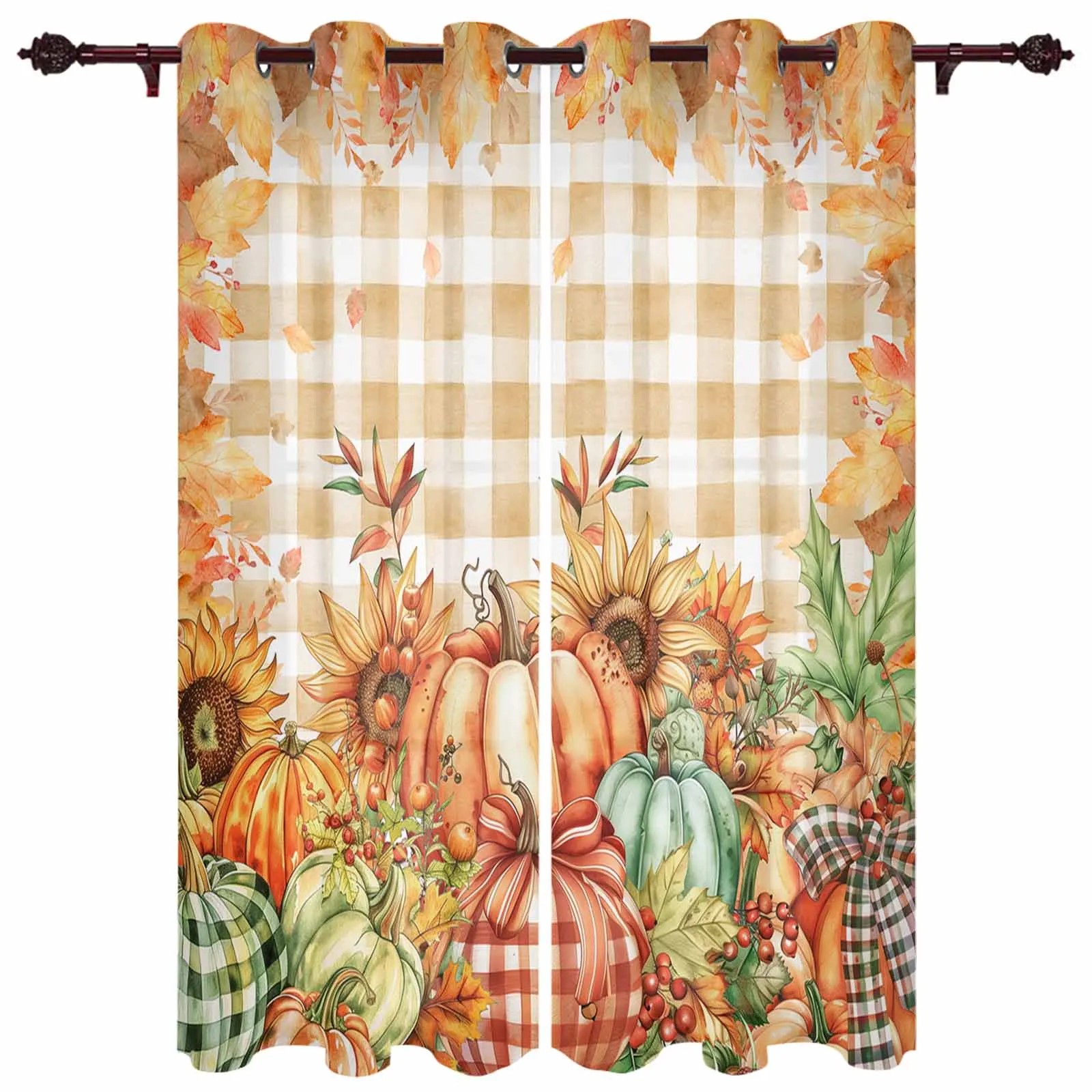 Thanksgiving Pumpkin Leaves Sunflower Grid Modern Panels Hall Curtains for Living Room Bedroom Window Curtains Hotel Drapes